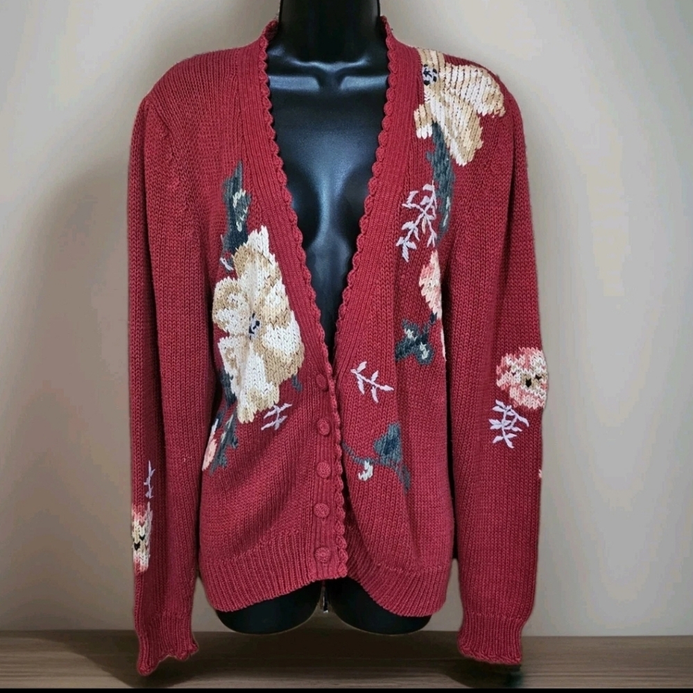 Vtg Herman Geist Ladies Small Sweater Hand Embroidered Floral Red Cardigan READ
